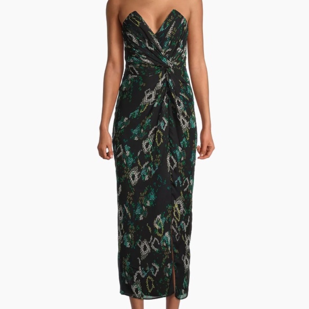 Stunning black and teal strapless midi dress